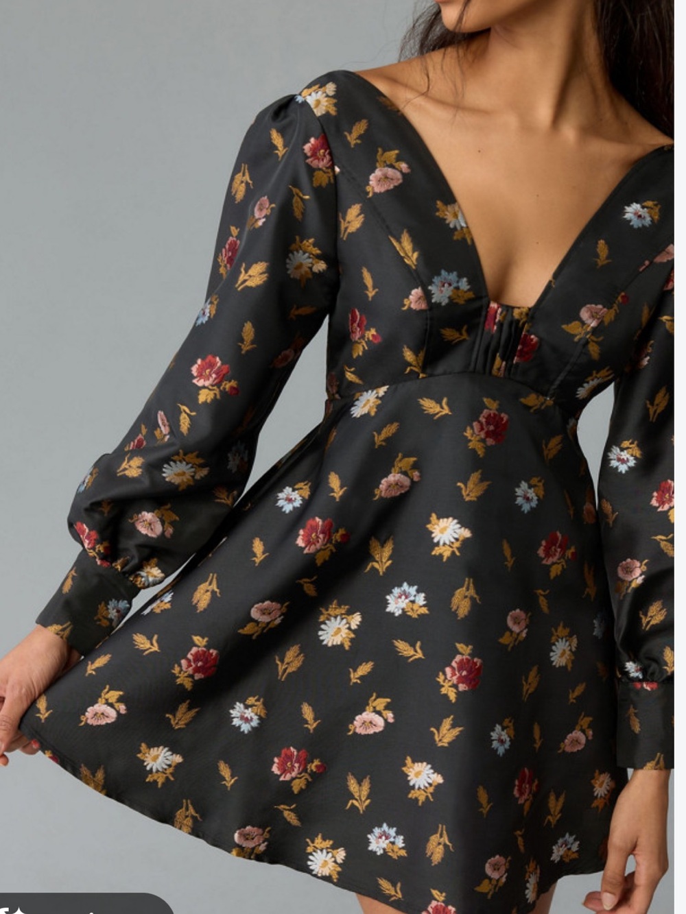 Anthropologie MAEVE Black Floral V-Neck Puff Sleeve Mini Dress